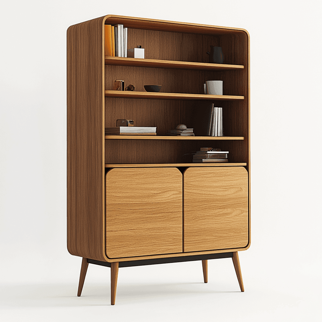 Holz-Bücherregal mit drei Regalen, zwei Schubladen und dunkelbraun gefärbtem Finish.