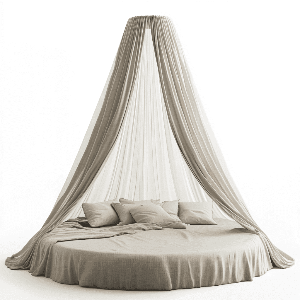 Ein Bett mit großem, weichem Kissen und elegantem Moskitonetze.