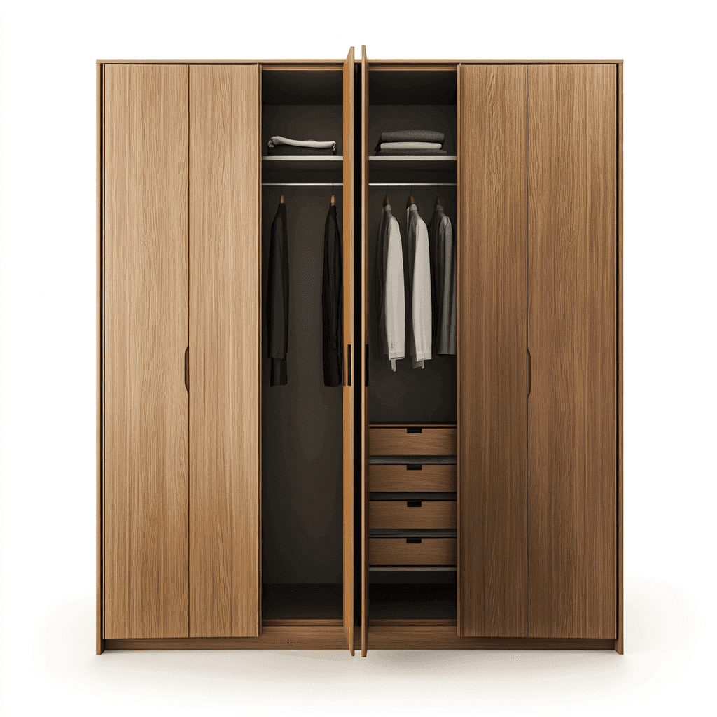 Holzschrank mit drei Türen, vier Fächer und zwei Regalen mit Kleidungsstücken.