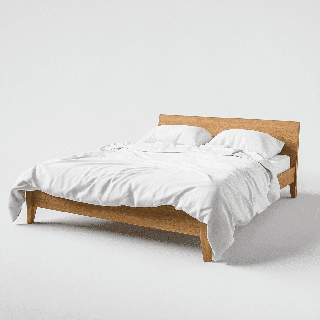 Ein Bett mit weißem Laken, zwei Kissen und einer weißen Decke auf einem eichen Gestell.