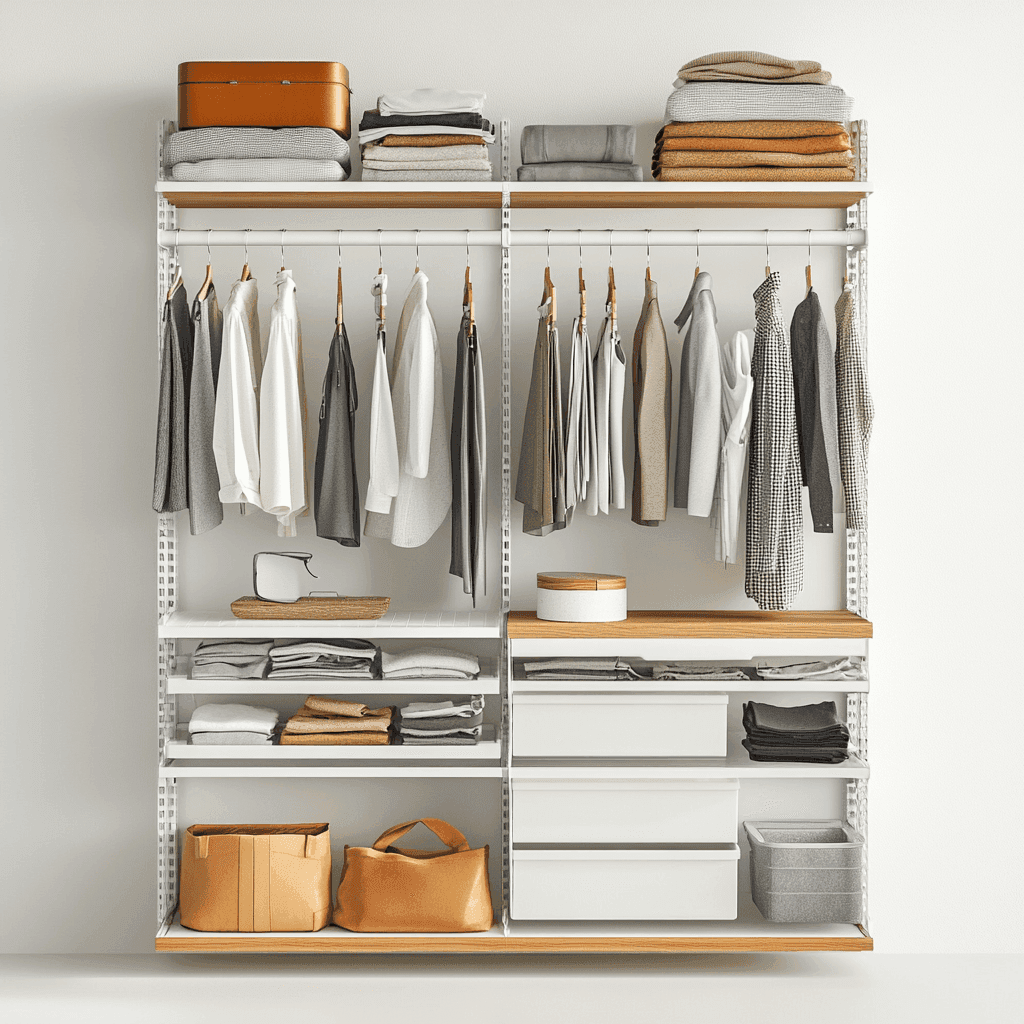 Schranksystem mit Kleidung und Accessoires auf weißem Hintergrund.