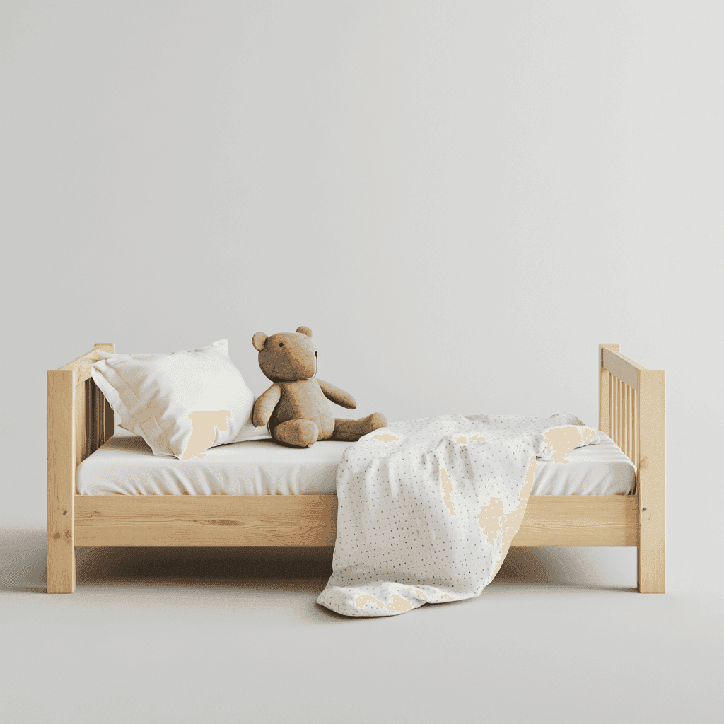 Ein kleines Bett mit weißem Laken, Kissen und Teddybär auf dem Kopfteil. Eine weiße Decke mit schwarzen Punkten liegt am Fuß des Bettes.