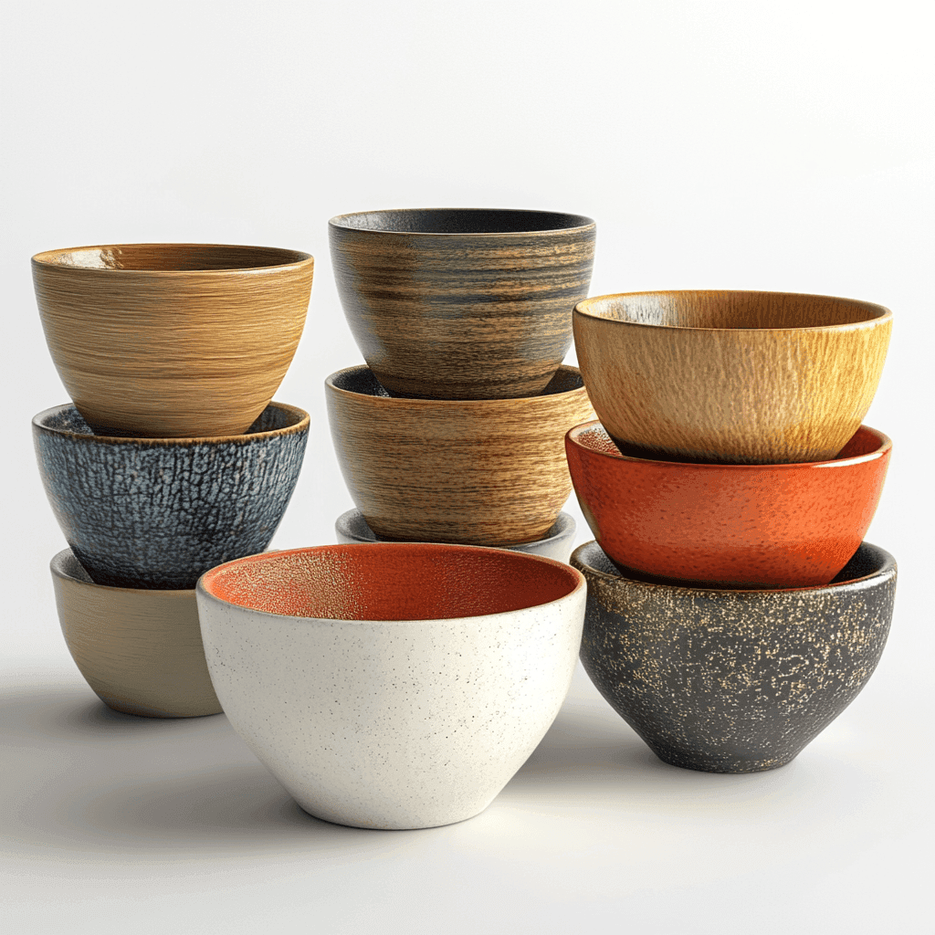 Ten ceramic pots of varying colors and patterns are stacked together.