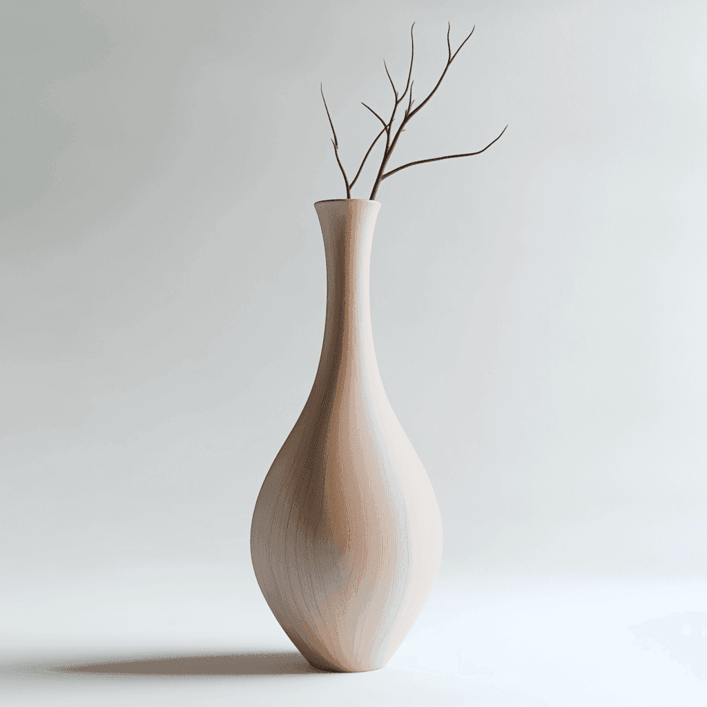 Weiße Vase mit zwei Zweigen auf hellem Hintergrund.