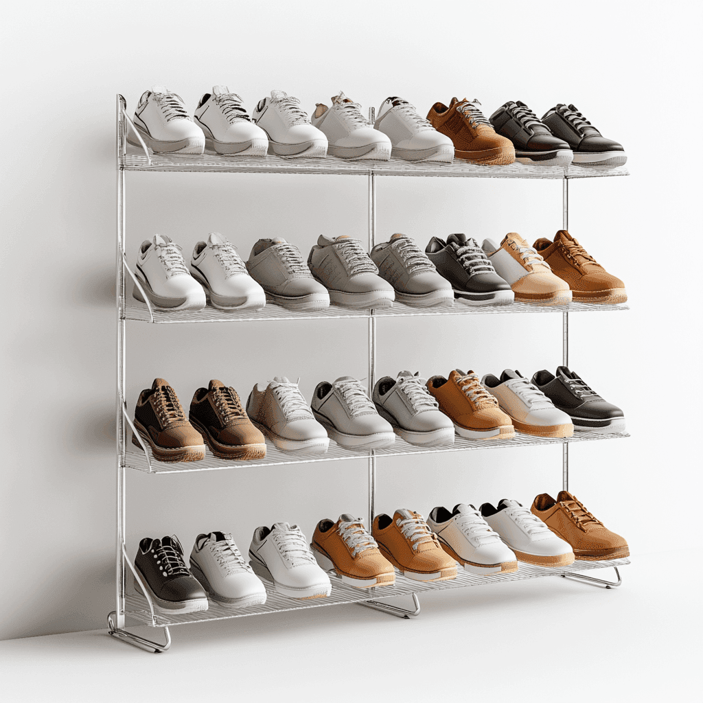 Ein Schuhregal mit vier Regalen zeigt verschiedene Schuhe.