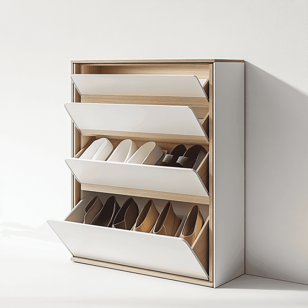 Weißes Schuh-Organisationsregal mit mehreren Schubladen aus hellem Holz.