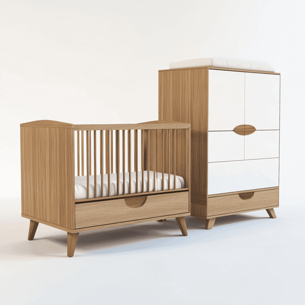 Ein weißes Babybett mit einer weißen Matratze und ein dunkelgrauer Schrank mit vier Türen stehen zusammen. Auf dem Bett liegt ein Ständer mit einem kleinen grünen Buch darauf.