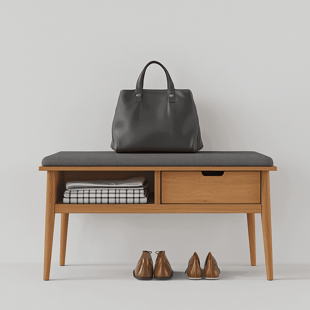 Tisch mit Handtasche, Schuhen und Regal mit Kleidung.