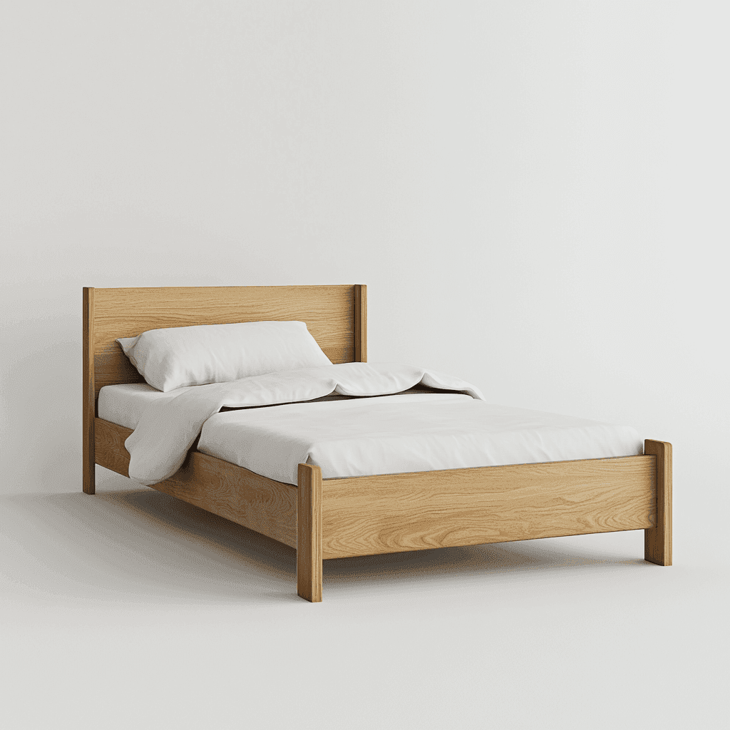 Ein Bett mit Holzrahmen, zwei weißen Kissen und einer weißen Decke auf weißem Boden.