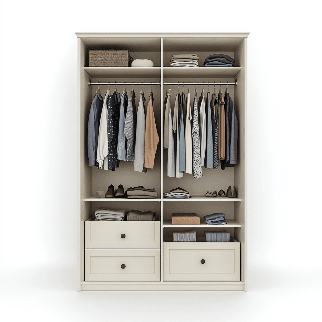 Ein Schrankbett mit großem Schrank und zwei vollgestopften Schubladen.