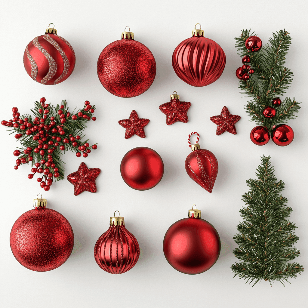 Rote Weihnachtskugeln und -ornamente auf weißem Hintergrund.