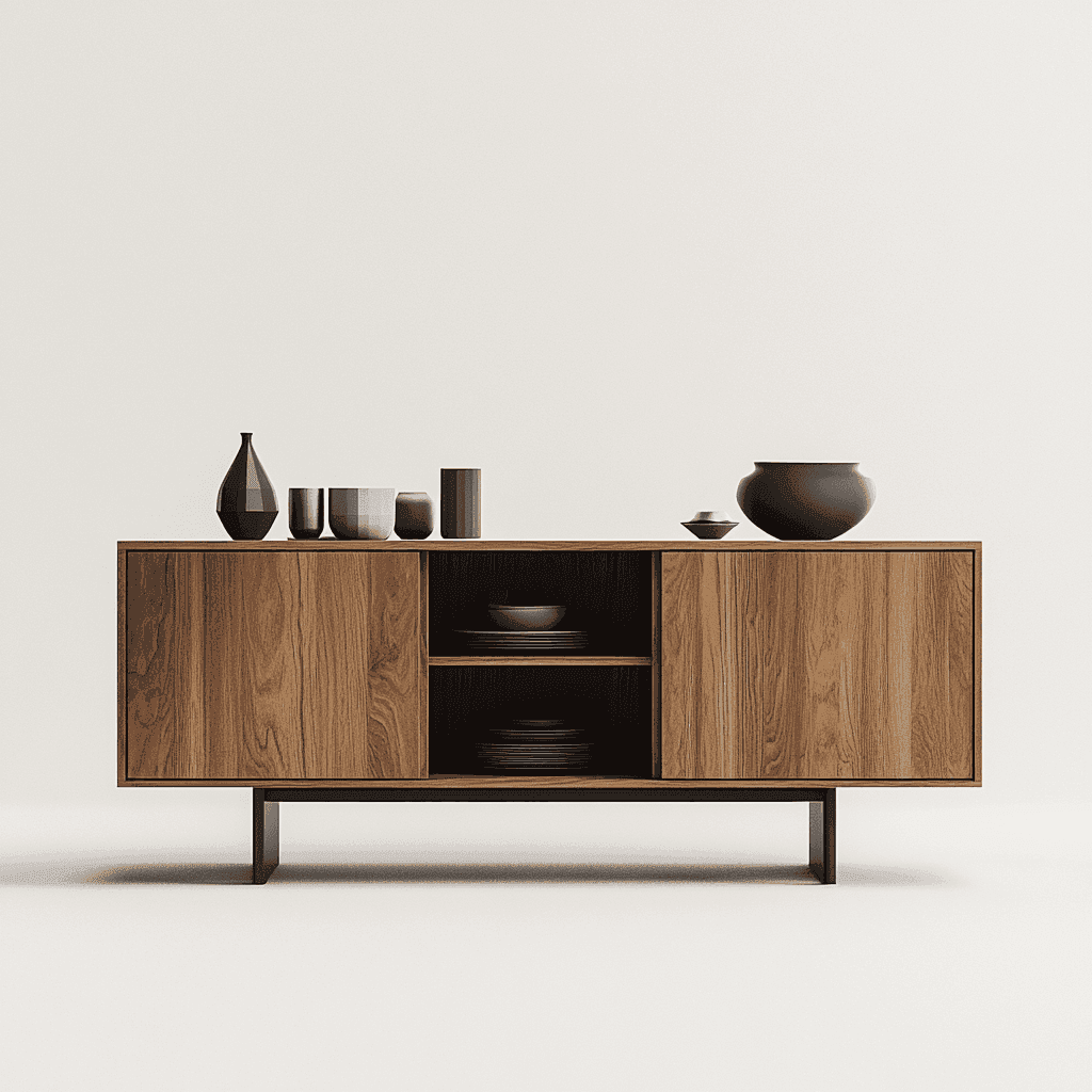 Modernes Sideboard aus dunkelbraunem Holz mit Deko, weißer Hintergrund.