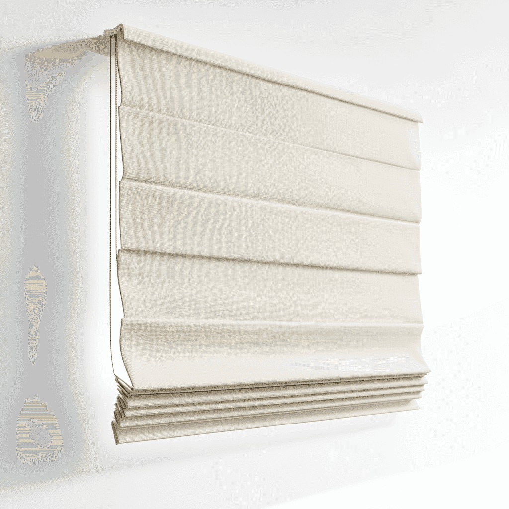 Fenster mit heruntergelassenen Rollladen aus horizontalen Latten, gesteuert durch eine Kordel.