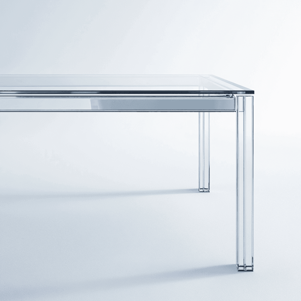Transparenes Tischgestell mit Glasplatte auf weißem Hintergrund.