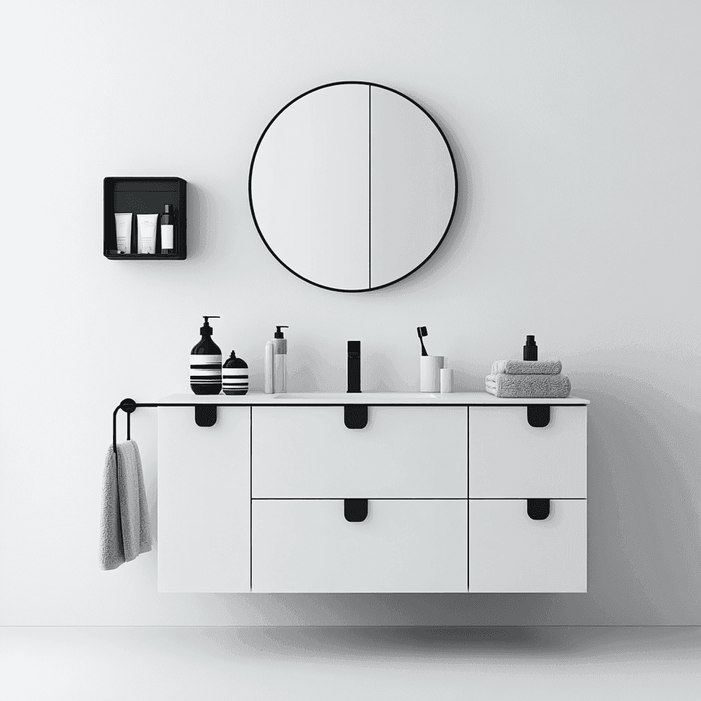 Moderner Badezimmer mit weißem Schrank, Spiegel und Kosmetikartikeln.
