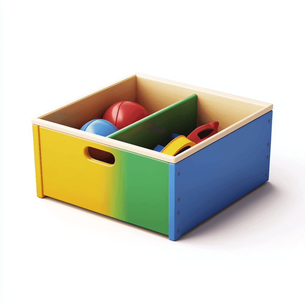 Spielkiste mit Kugeln und anderen Spielzeugen in Gelb, Grün und Blau.