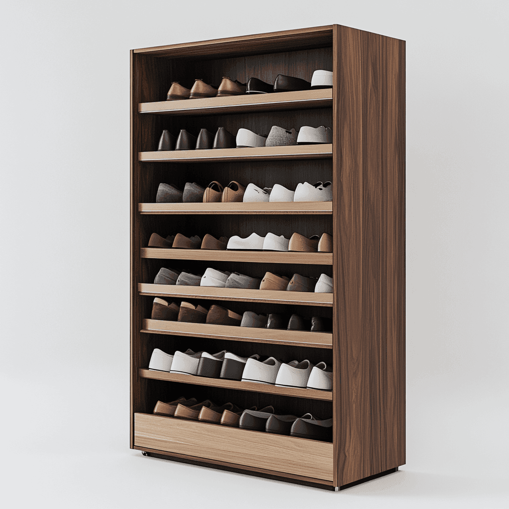 Ein Schuhregal mit dunkelbrauner Holzverkleidung und hohen, breiten Regalen für viele Schuhe.