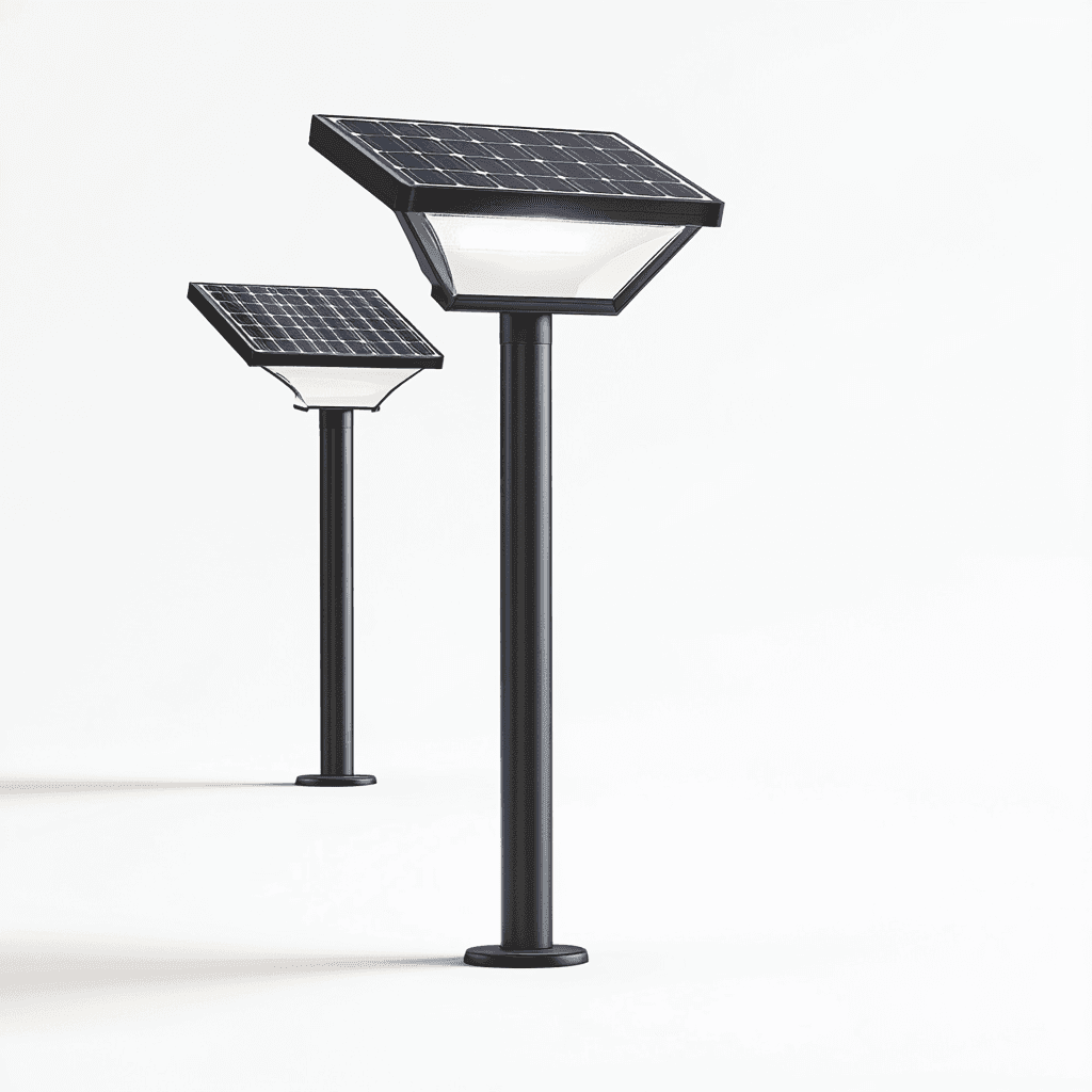 Zwei Solarlampen unterschiedlicher Größe auf weißem Grund mit transparenter Abdeckung.