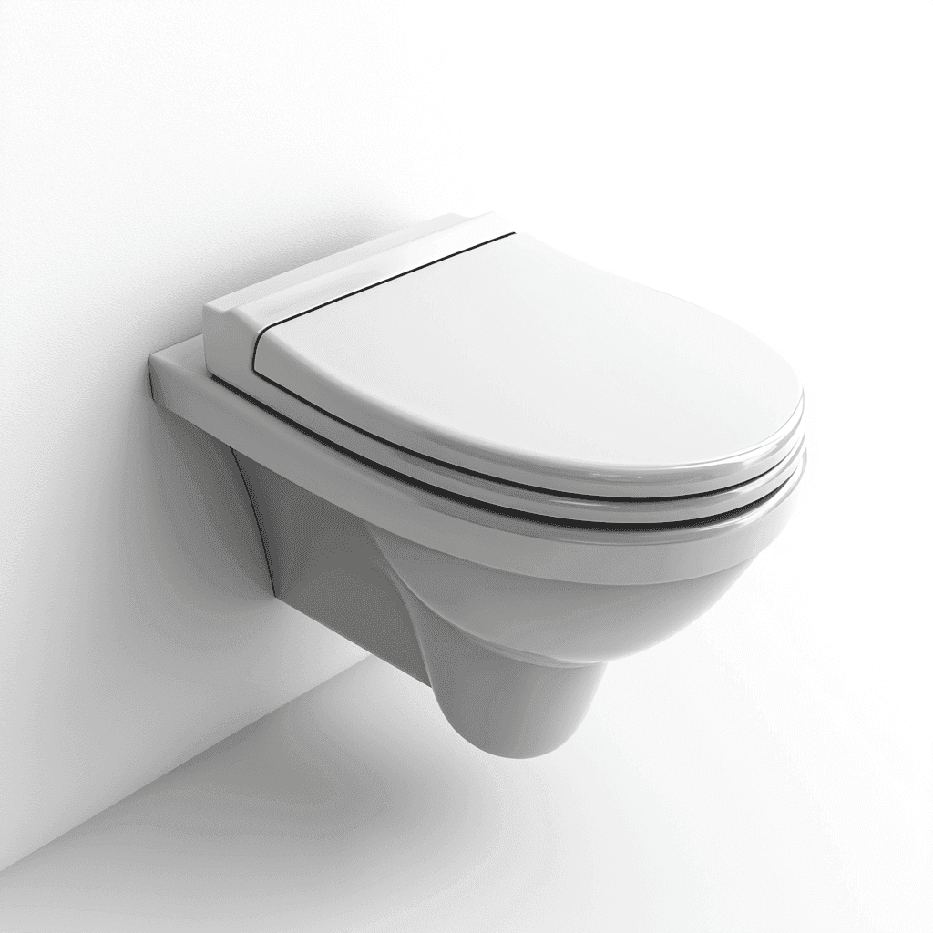 Ein weißes WC-Spülbecken mit abgeflachter Form und weißem Deckel an einer weiß gefliesten Wand.