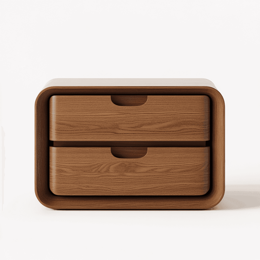 Moderner, hölzerner Kleiderschrank mit zwei Schubladen auf weißem Untergrund.