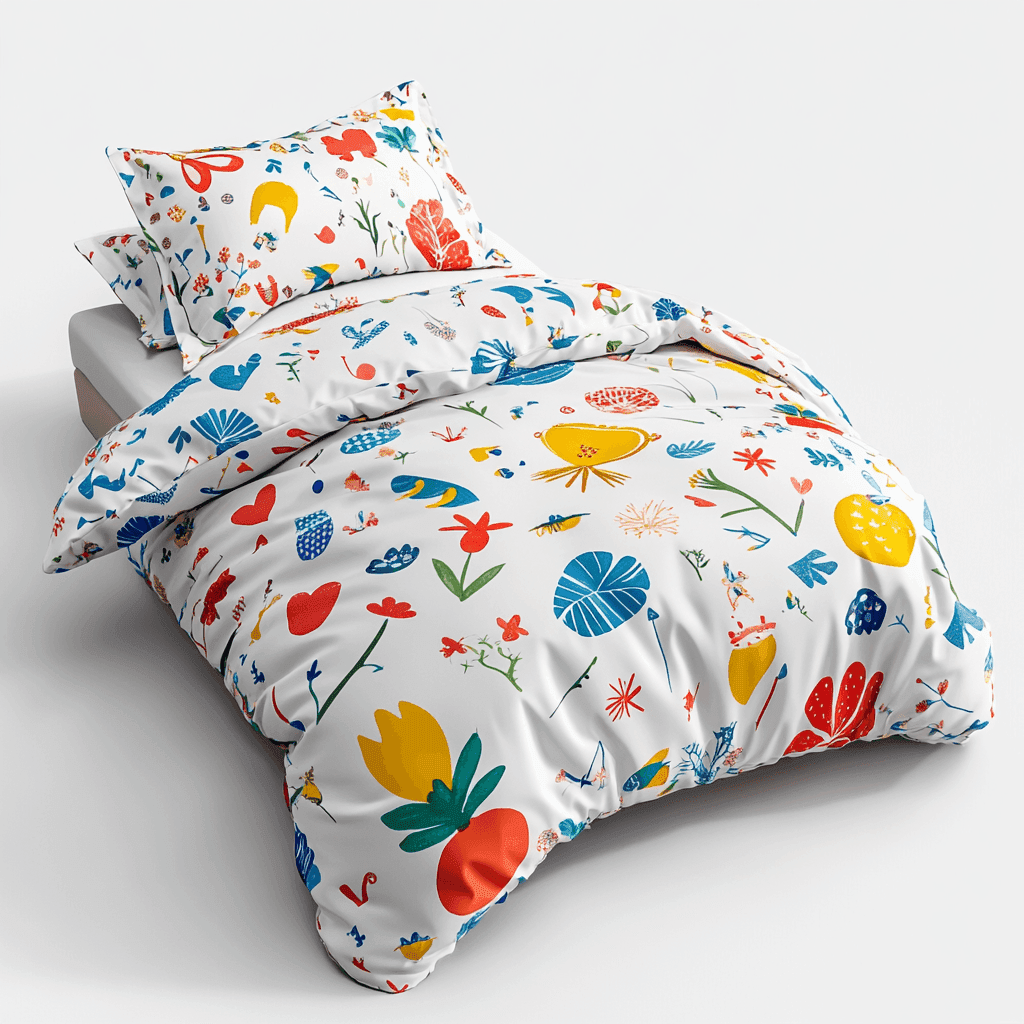 Ein Bett mit Dusche und Kopfkissen unter einer weißen Decke mit blauen und roten Blumen.
