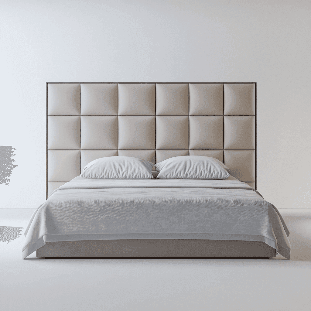 Ein weißes Bett mit quadratischem, weißem Leder-Kopfteil und zwei weißen Kissen.