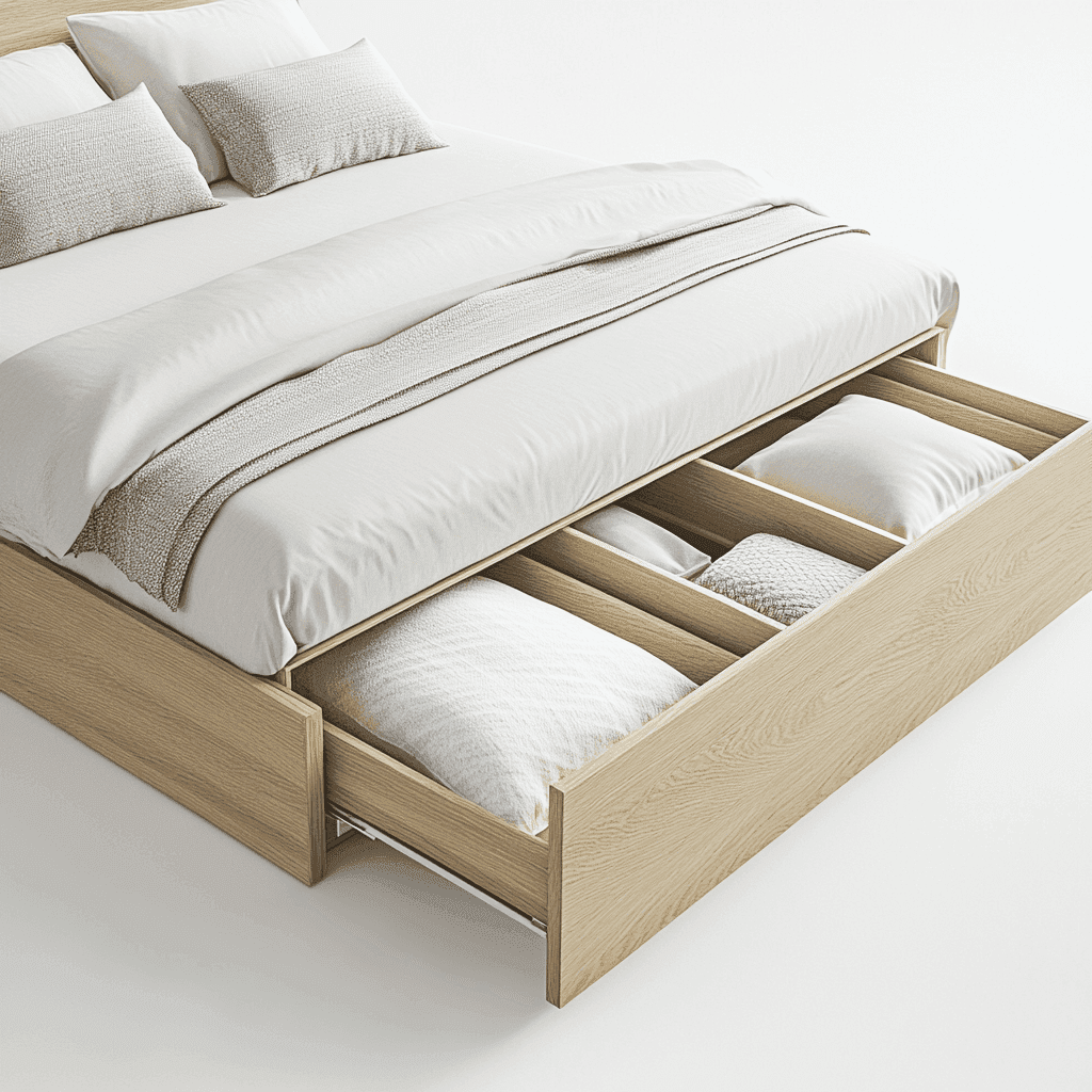 Bett mit aufklappbarem Schubladenfach unter dem Schlafplatz für Bettwäsche.