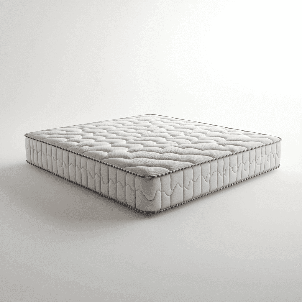 Ein Matratzenbett mit weißem, gepolstertem Bettgestell und Kissenauflage auf einem dunklen Holzboden. Ein weißes Tuch liegt auf dem Bett.