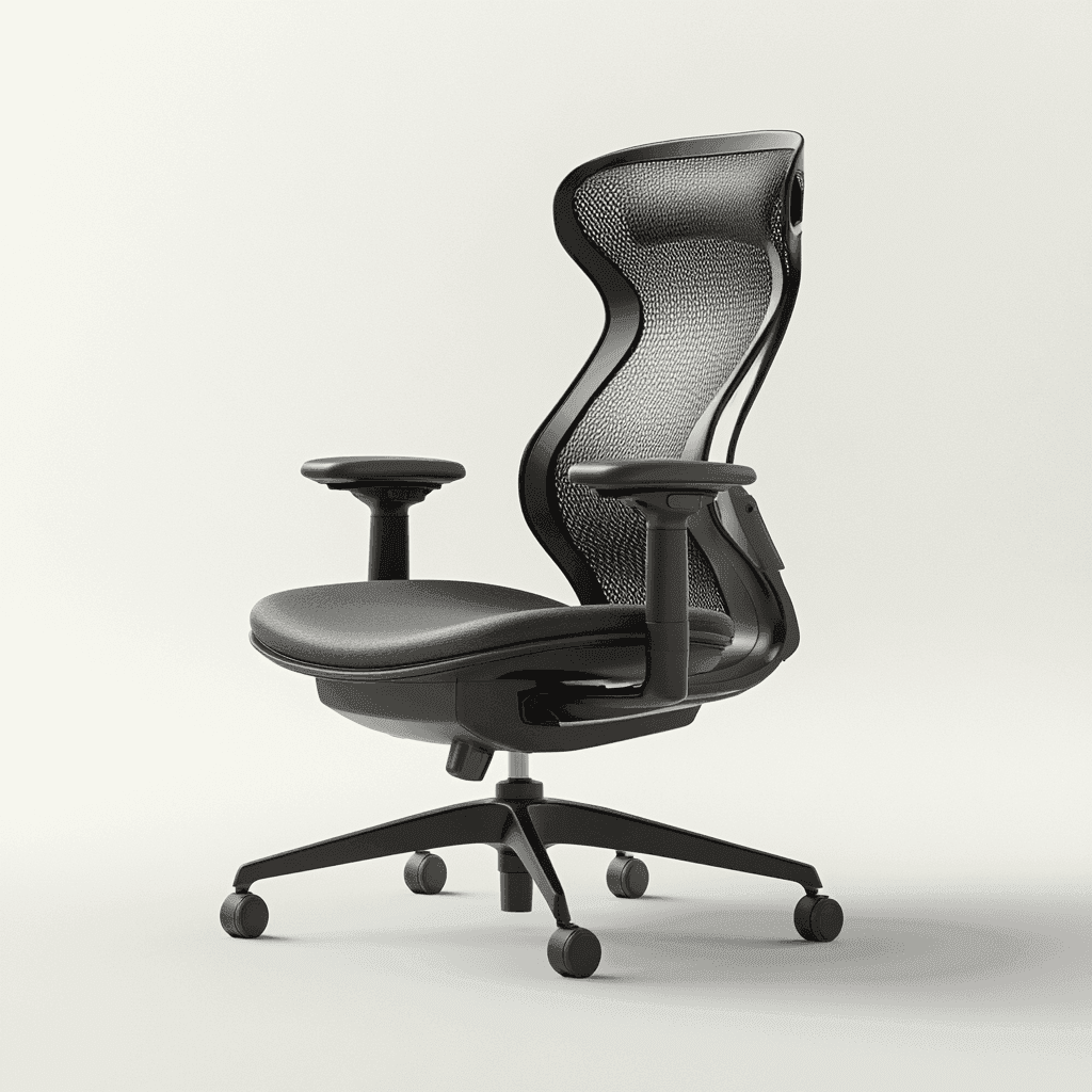 Schwarzer Bürostuhl mit ergonomischem Rückenlehensystem und schwarzem Lederschutzbezug, auf vier Rollen.