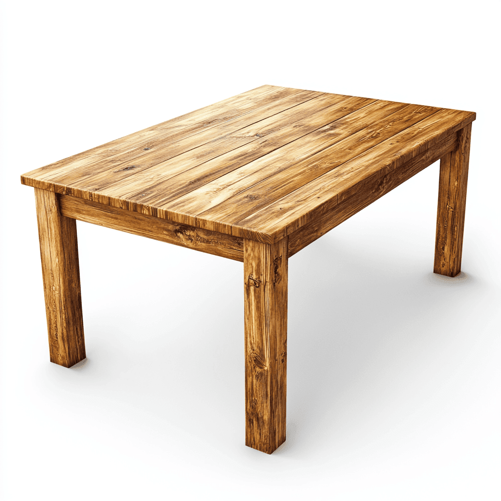 Ein einfacher, unbehandelter Holztisch aus Naturholz mit einfacher Form.