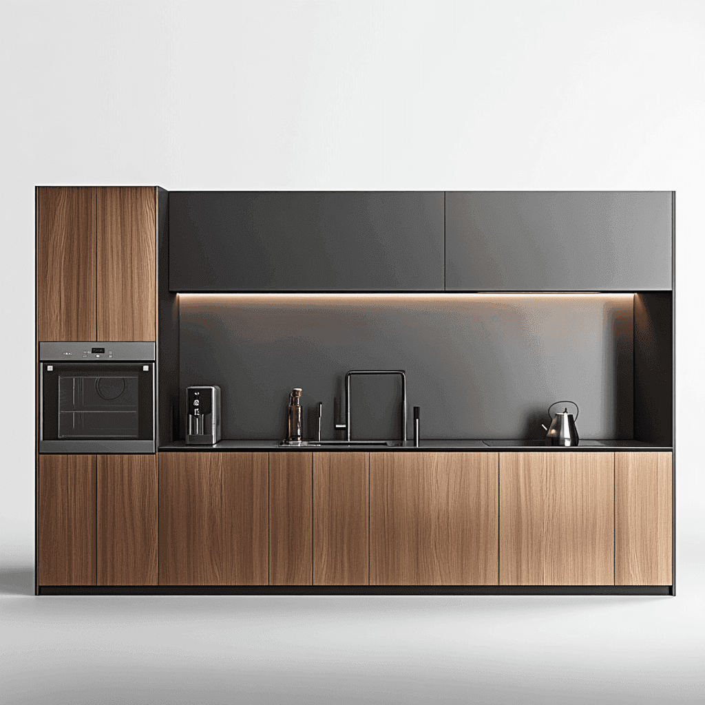 Moderne, minimalistische Küche mit dunklen Farbtönen, Holzelementen und hochwertigen Einbauküchen. Helle Arbeitsflächen durch Oberlichter.