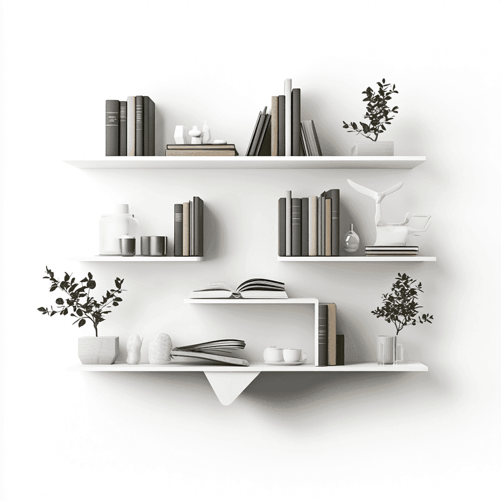 Drei weiße Regale mit Büchern und Gegenständen auf einer Wand.