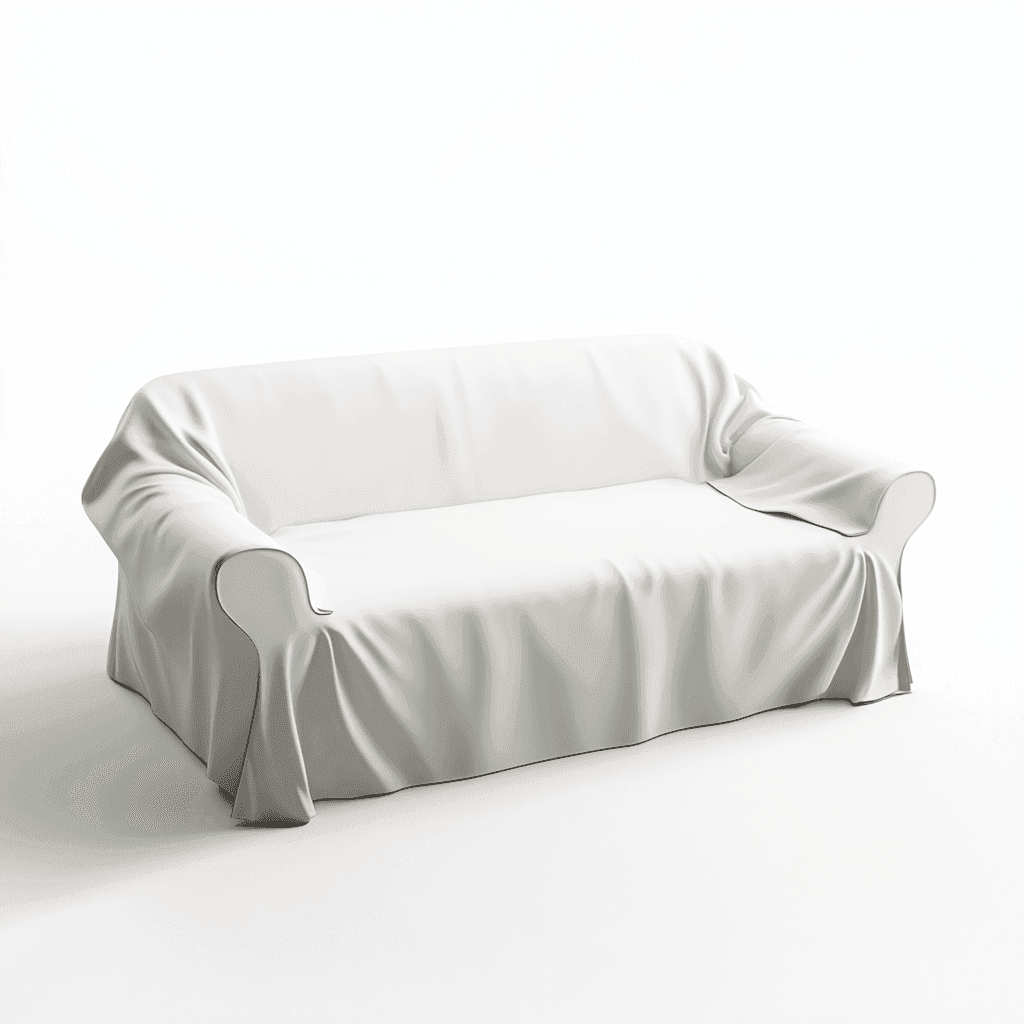 Weiße Couch mit weißem Bezug und weißer Decke auf weißer Oberfläche.