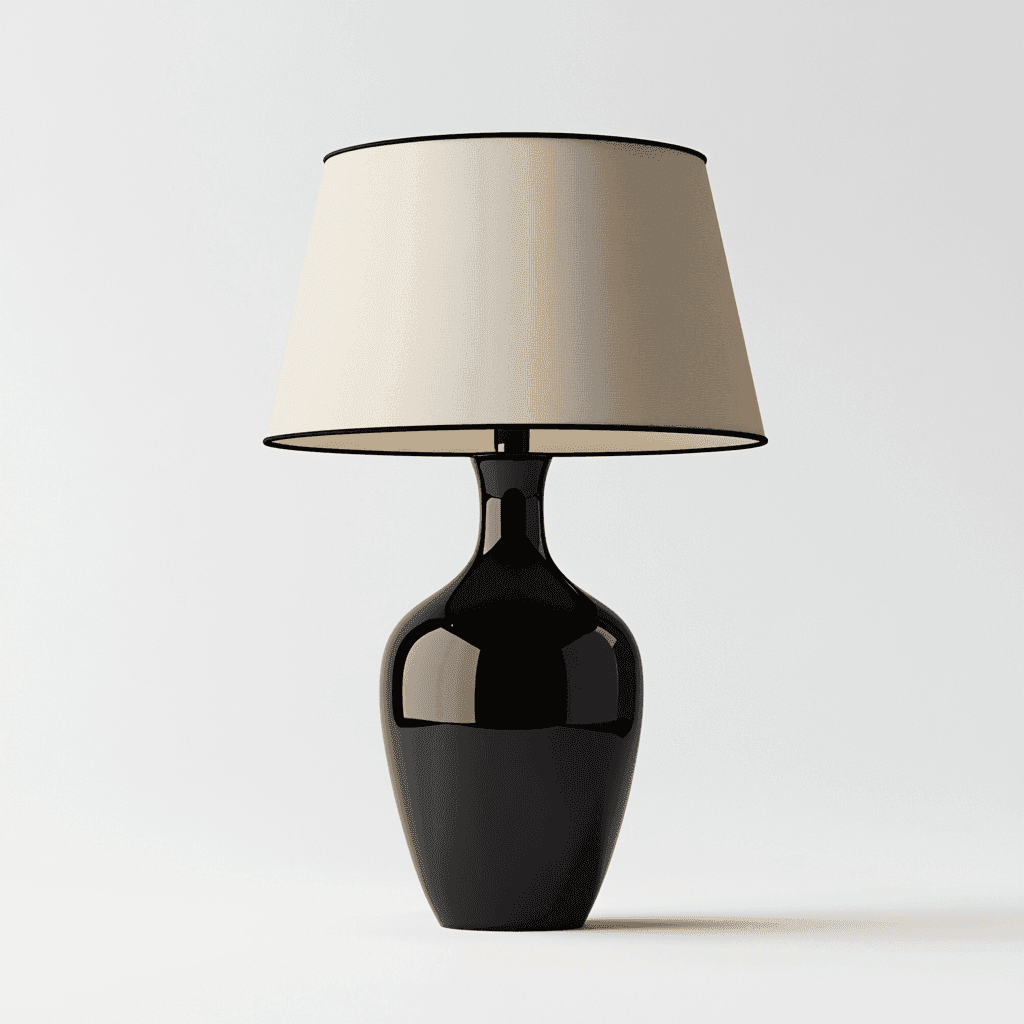 Tischlampe mit schwarzem Sockel und hellem, cremefarbenem Schirm.