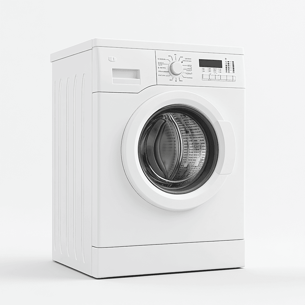 Weiße Waschmaschine mit Frontlader auf weißem Hintergrund.