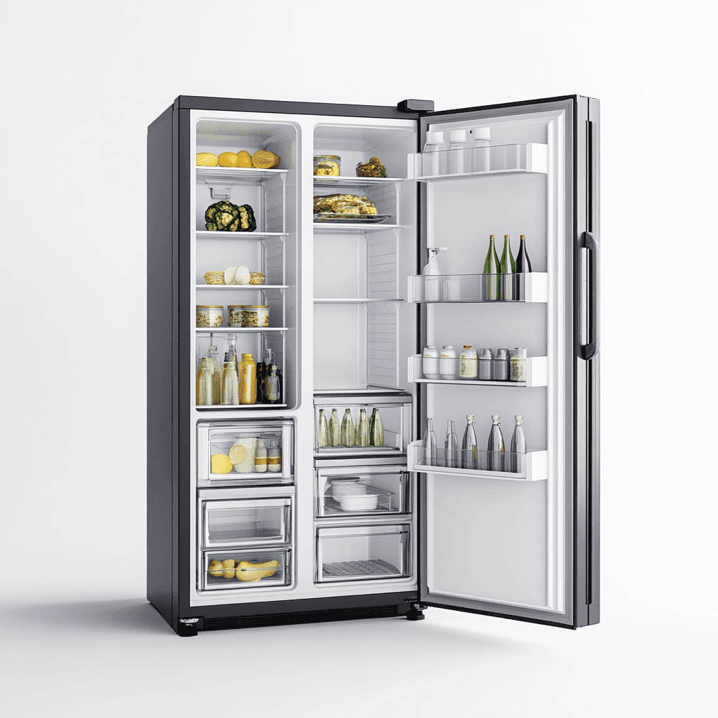 Ein Kühlschrank mit geöffneter Tür ist mit Lebensmitteln wie Gemüse, Obst, Fleisch, Milchprodukten, Weinflaschen, Gläsern und Töpfen gefüllt.