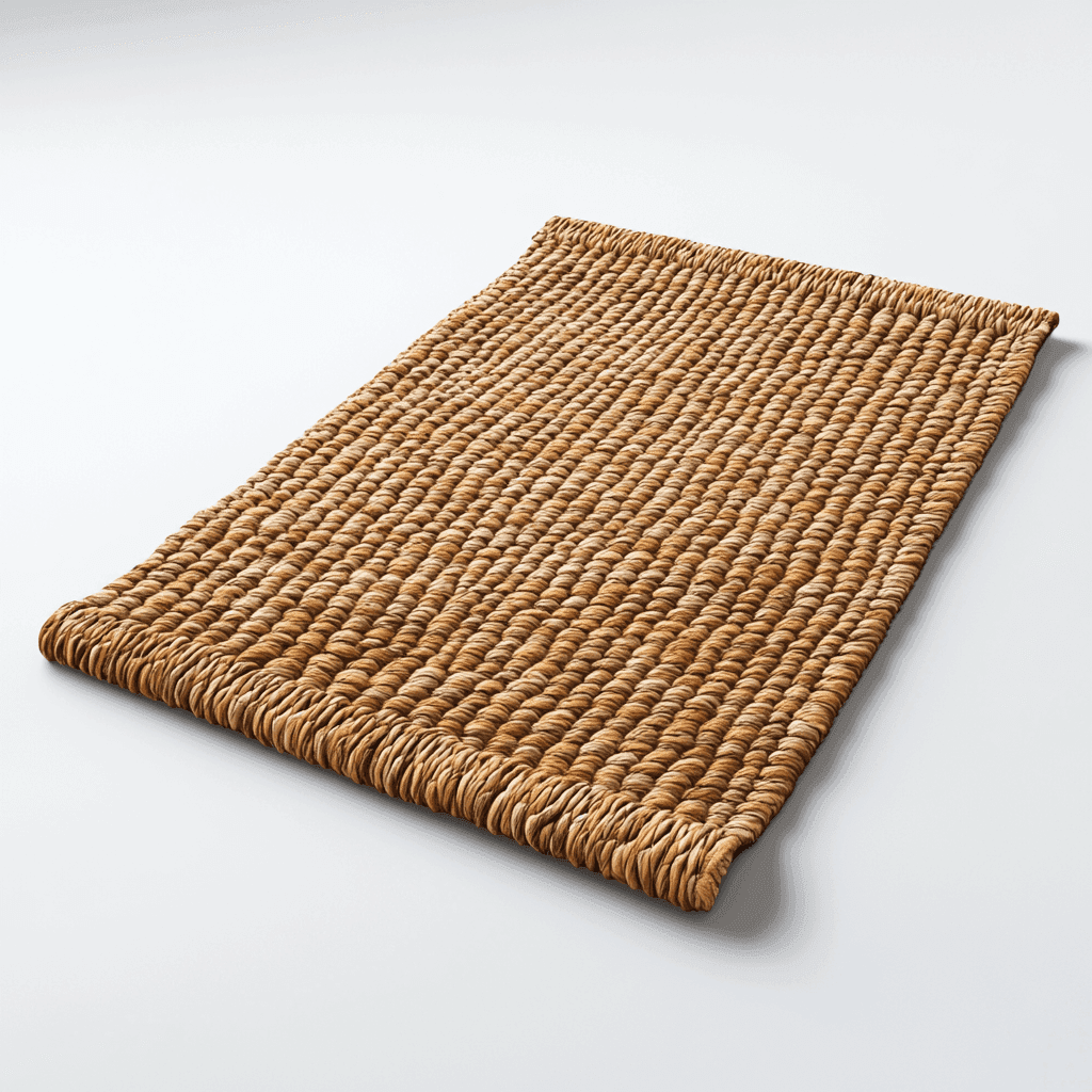 Kleiner, handgestrickter brauner Teppich mit glatter Oberfläche und welligen Rändern.