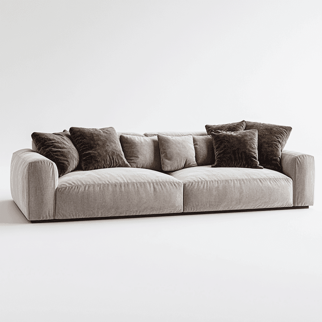 Graues, dreisitziges Sofa mit vielen Kissen vor weißem Hintergrund.