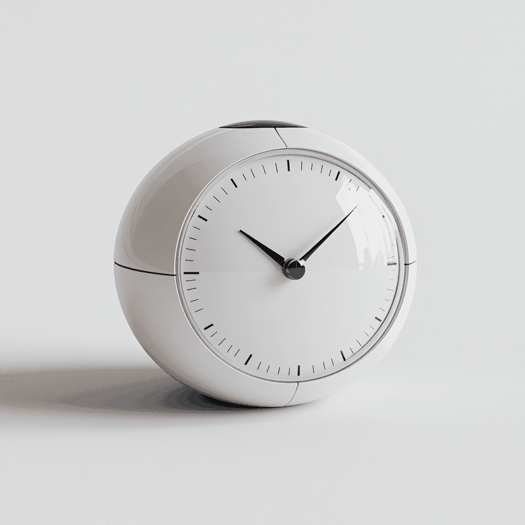 Weiße, kugelförmige Uhr mit schwarzen Zeigern und weißem Zifferblatt auf hellem Hintergrund.