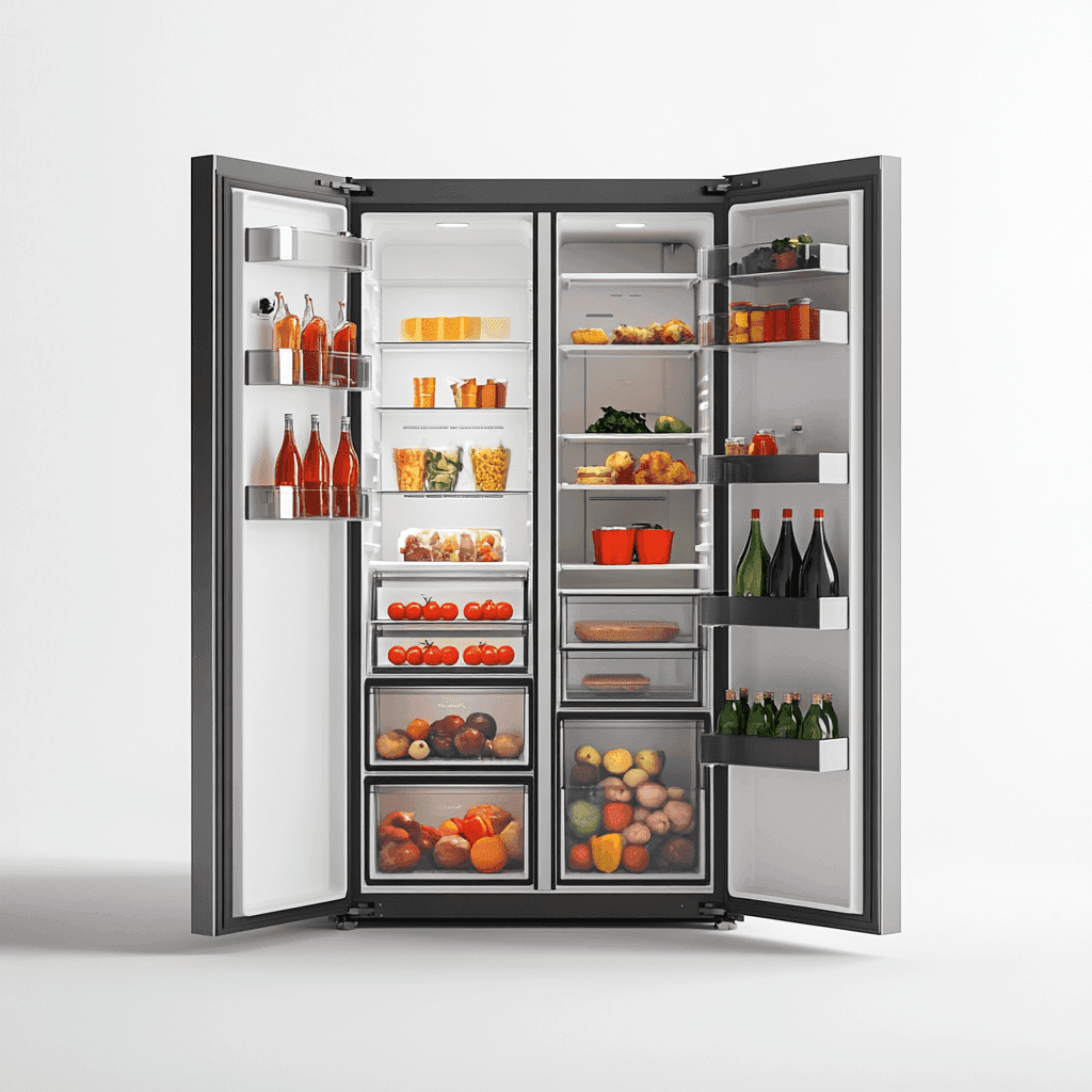 Großes Kühlschrank-Geschirrspüler-System mit offenen Türen, vollgestellt mit Lebensmitteln und Getränken auf verschiedenen Ebenen.