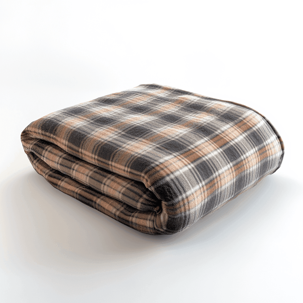 Weiches Stofftuch mit Plaidmuster in Braun und Weiß auf weißem Hintergrund.