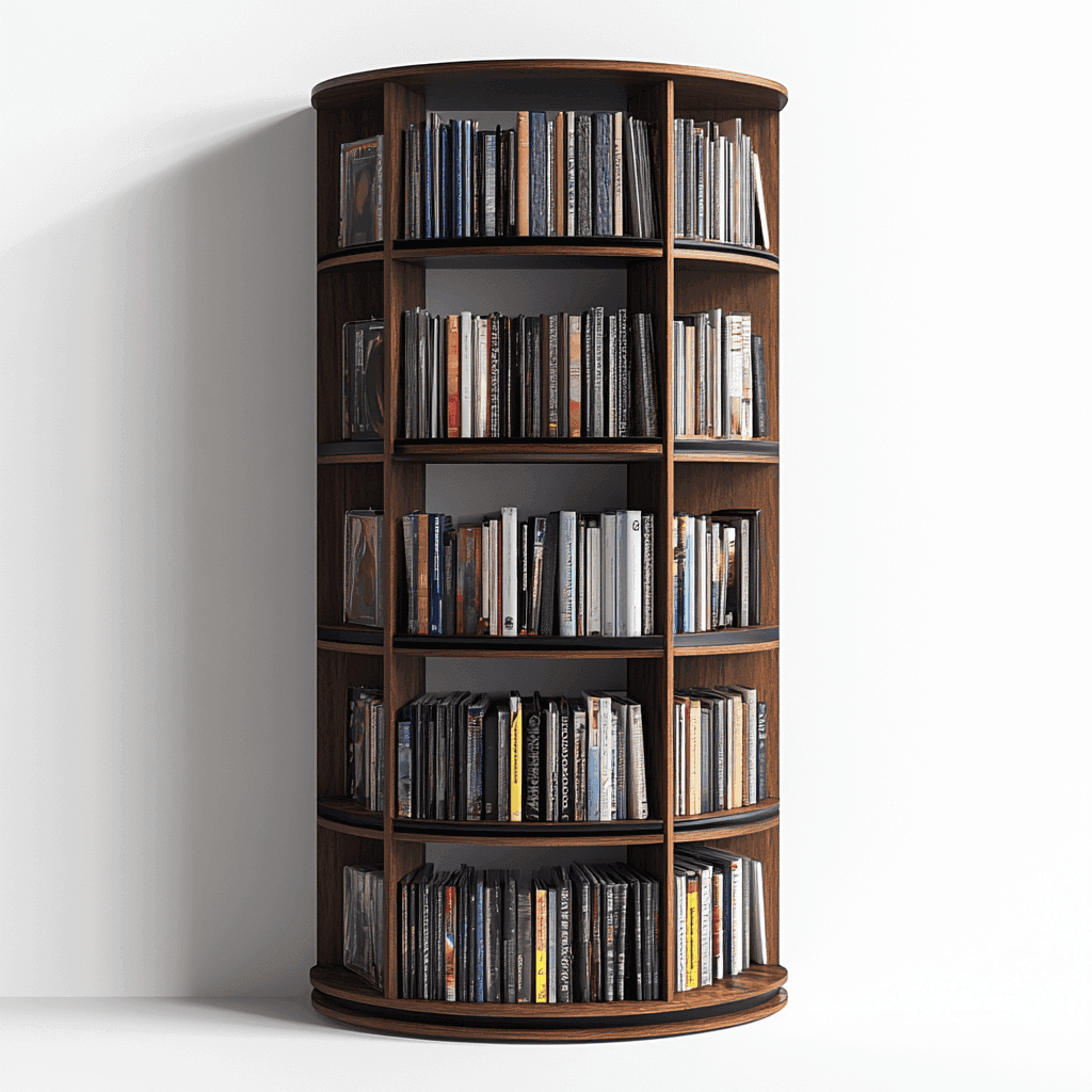 Ein schräg stehender Bücherschrank mit rundem Querschnitt ist vollgepackt mit Büchern auf den Regalen.