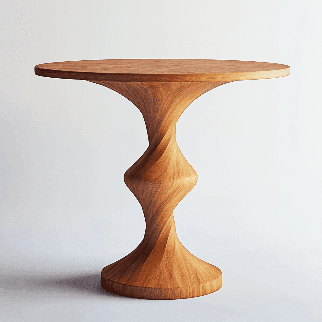 Kleiner, runder Tisch mit spiraliger Form und glatter Holzoberfläche.