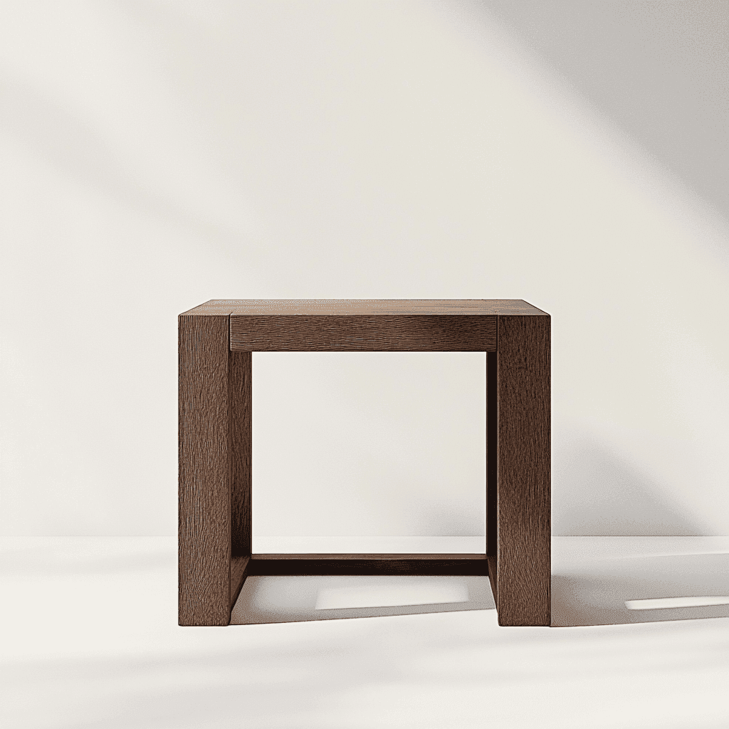 Ein kleines Tischchen aus dunkelbrauner, glatter Holzlamelle mit einer rechteckigen und flachen Oberfläche.