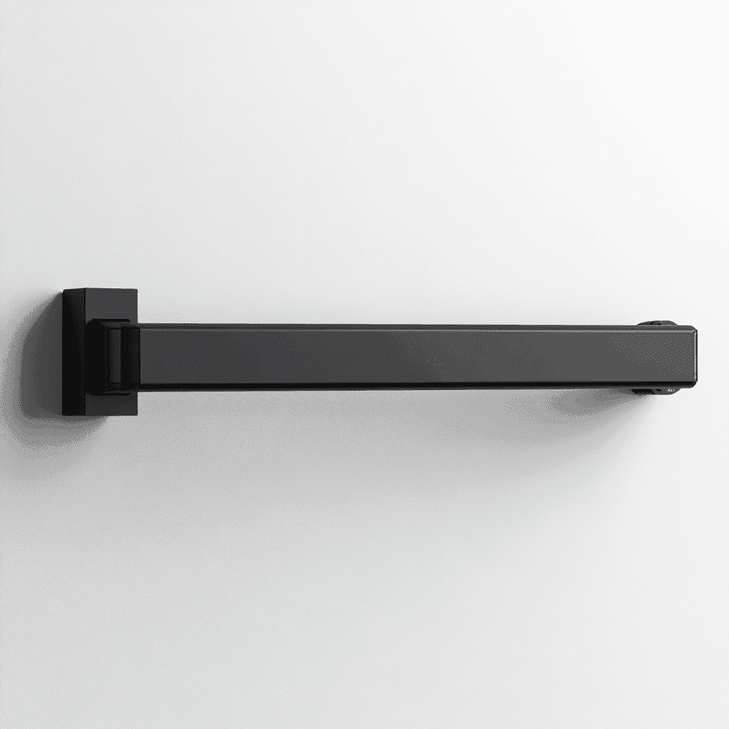 Schwarze Metall-Handgriffplatte mit Haken an weißer Wand montiert.