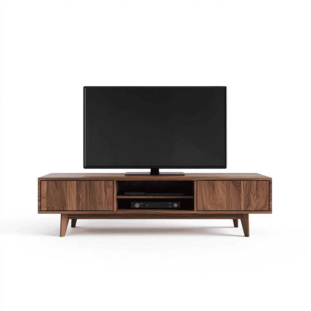 Dunkelbrauner Holzschrank mit zwei großen Schubladen und einem Fernseher.