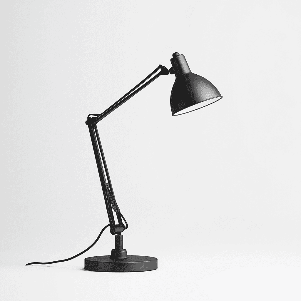 Schwarz-weißes Foto einer Industriedesigner-Lampe mit metallischem Hahn und roter LED-Leuchte auf weißem Grund.