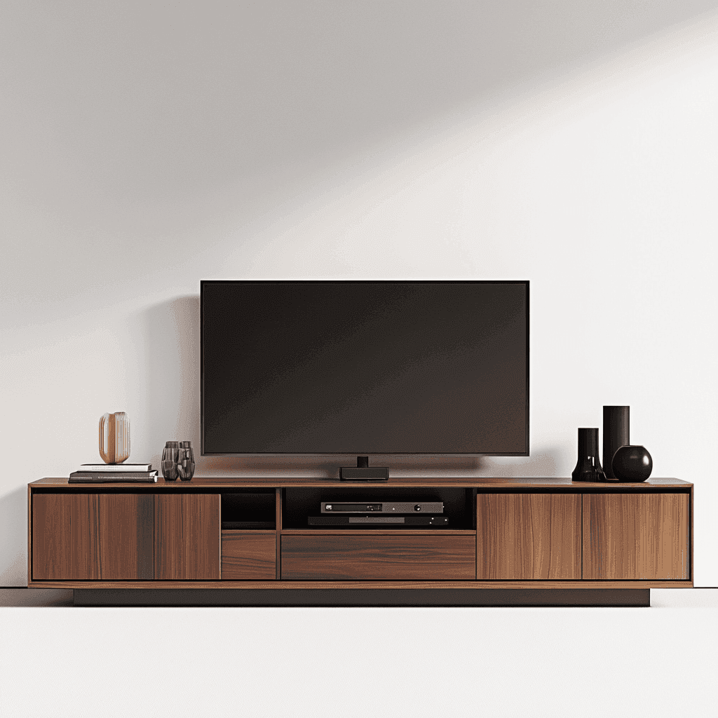 Moderner Wohnraum mit großem Fernseher auf dunkelbrauner TV-Unit vor weißer Wand.