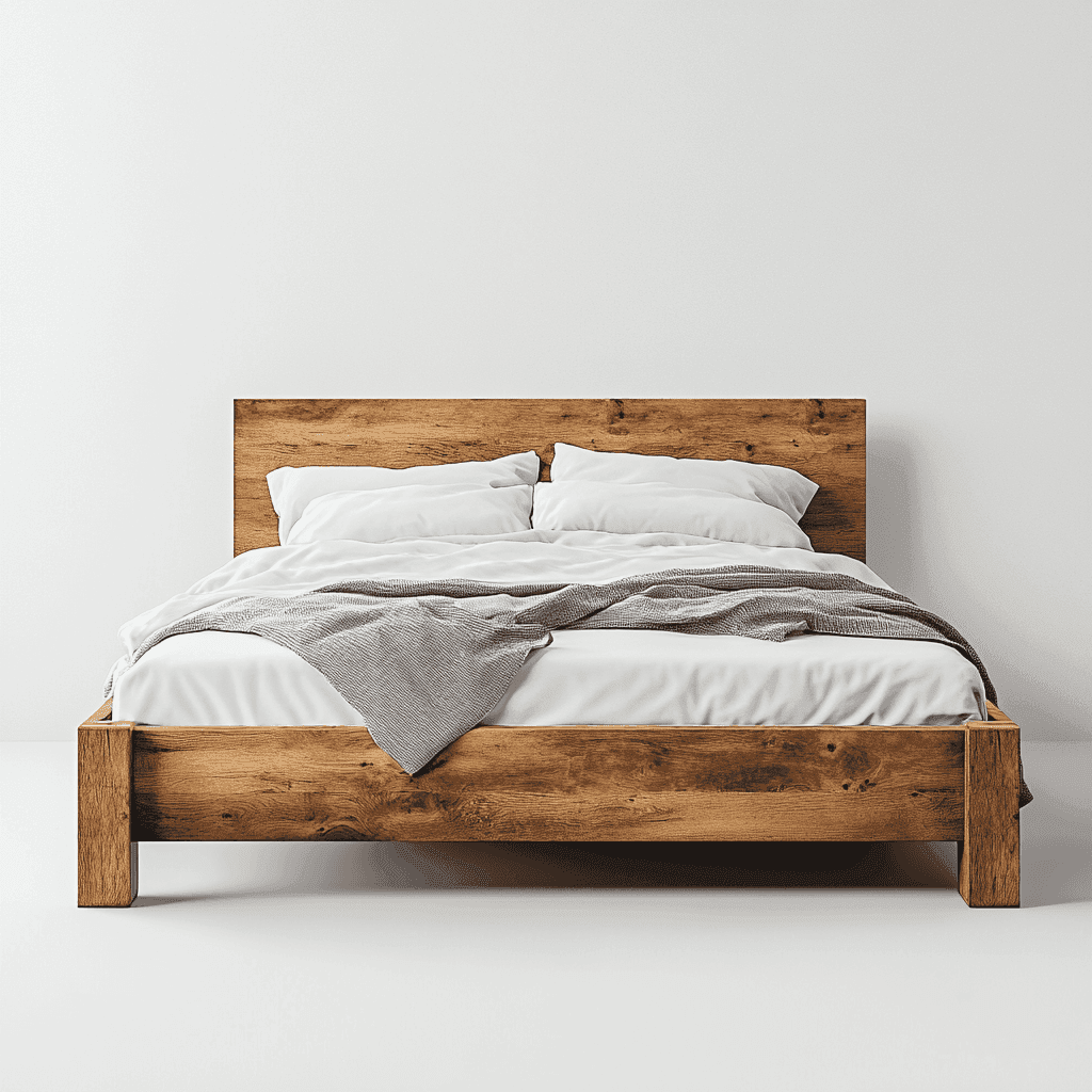 Ein Bett mit Holz-Kopfteil, weißen Kissen, weißer Decke und grauem Schal vor einer weißen Wand.