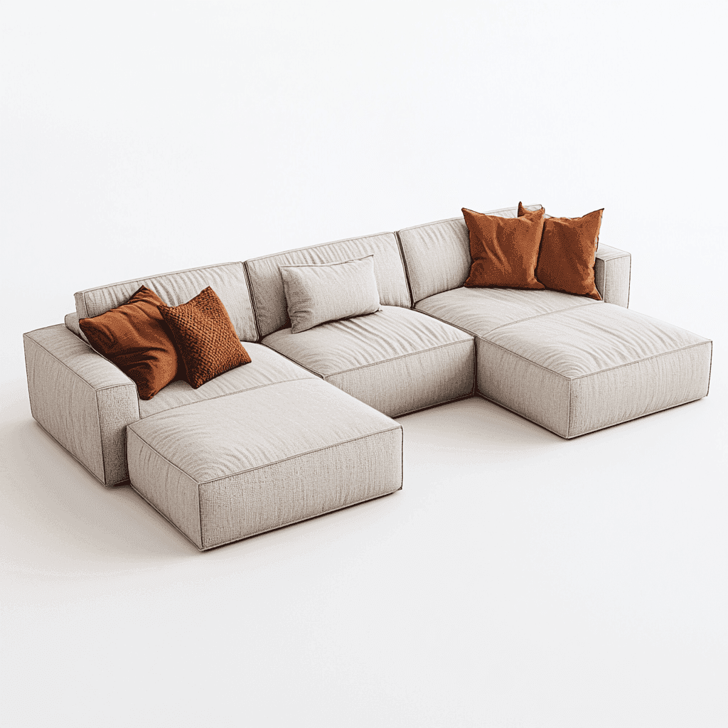 Weißes L-Sofa mit zwei Kissen, Tischplatte.